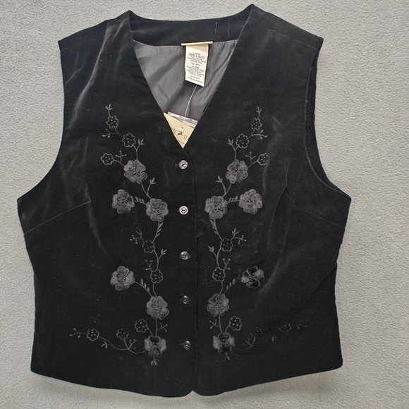 White Stag Jackets & Blazers - VTG 90s Black Velvet Vest Women's Small Floral Whimsigoth Vamp Dark Romantic NWT